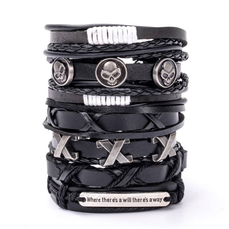 Hip Hop Herren Lederarmband Goth Punk Totenkopf Perlenschmuck Schwarze Kombination Handgewebt Straßenschmuck Accessoires Leather Bracelet Set von Joom DACH