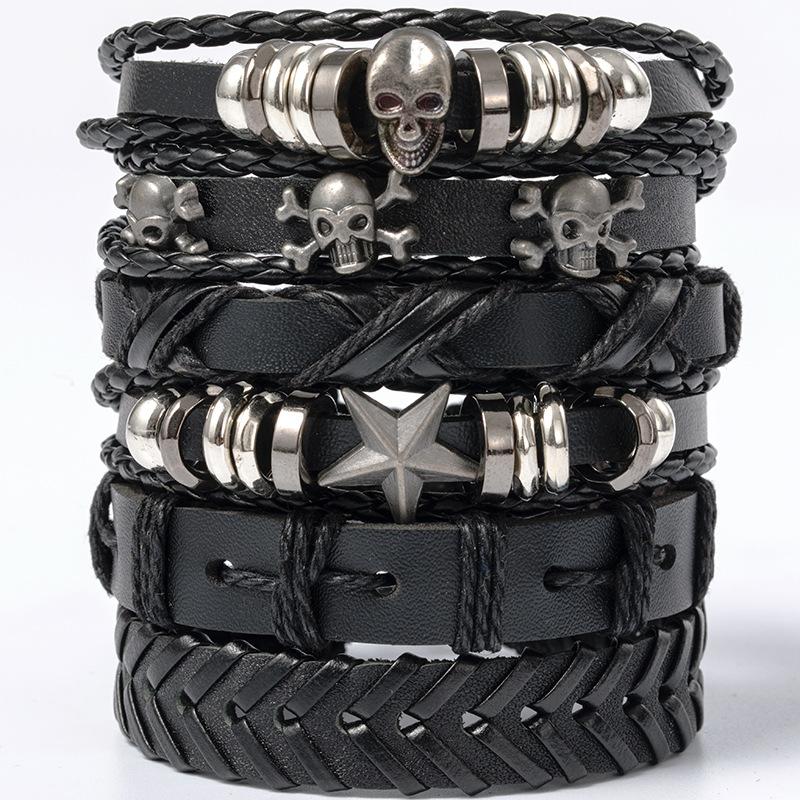 Hip Hop Herren Lederarmband Goth Punk Totenkopf Perlenschmuck Schwarze Kombination Handgewebt Straßenschmuck Accessoires Leather Bracelet Set von Joom DACH