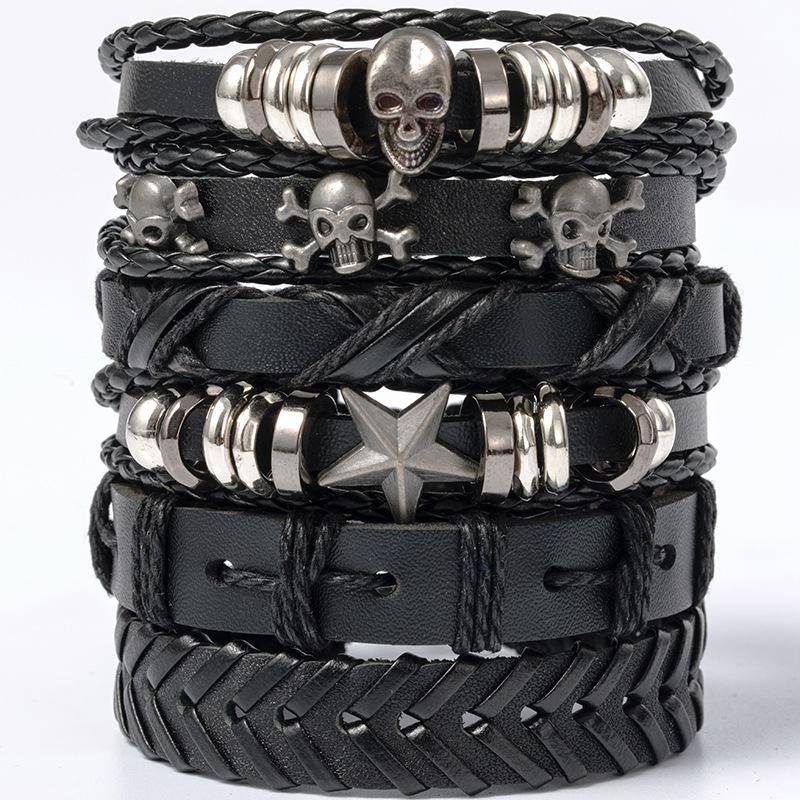 Hip Hop Herren Lederarmband Goth Punk Totenkopf Perlenschmuck Schwarze Kombination Handgewebt Straßenschmuck Accessoires Leather Bracelet Set von Joom DACH