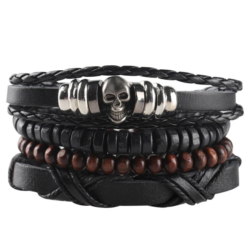 Hip Hop Herren Lederarmband Goth Punk Totenkopf Perlenschmuck Schwarze Kombination Handgewebt Straßenschmuck Accessoires Leather Bracelet Set von Joom DACH