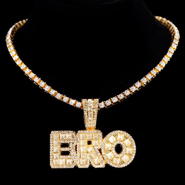 Hip Hop Iced Out Bro Buchstabenanhänger Kristallkettenhalskette für Herren 5mm Gepflasterte Strass Tennis Choker Halskette Rapper Schmuck 16inch(41cm) von Joom DACH