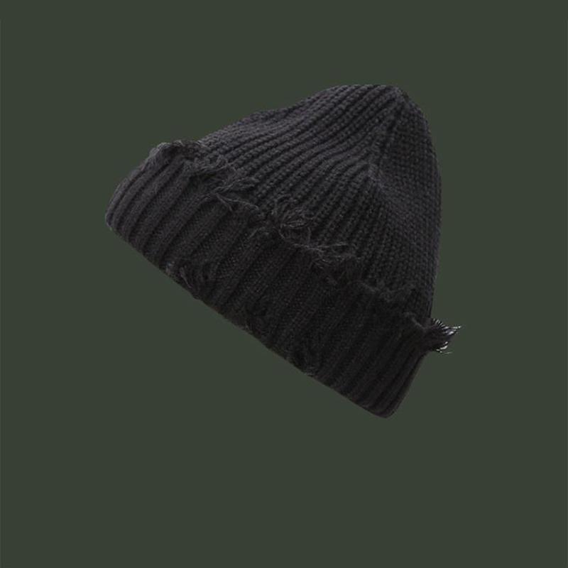 Hip Hop Loch Strick Skullies Beanie Herbst Winter Verdicken Warme Herren Strickmütze Mützen Solide Mode Streetwear Harajuku Frauen Ripped Skullies Caps one size schwarz von Joom DACH