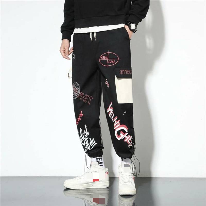 Hip Hop Mode Hosen Streetwear Hosen Grafik High Street Jogginghose Männer Frühling Lange Hosen Stilvolle Kleidung XL schwarz von Joom DACH