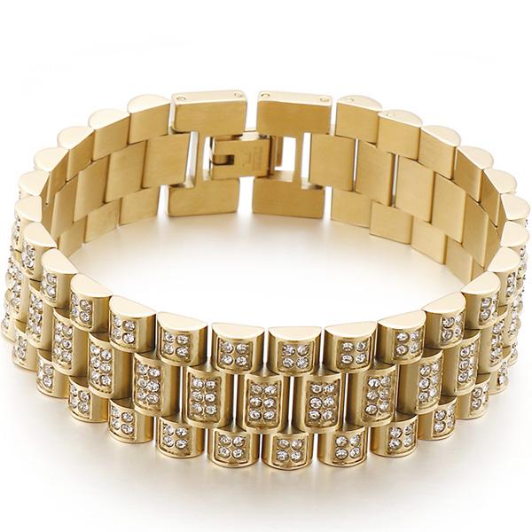 Hiphop 18 MM breites Uhrenarmband mit Kette am Handgelenk für Männer, goldfarben, Edelstahlschmuck, Bettelarmbänder für Frauen und Damen 22CM gold von Joom DACH