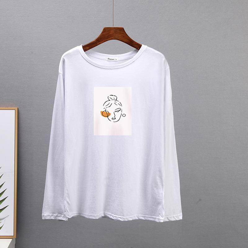 Hirsionsan Übergroße Freizeit-T-Shirts Damen Schlichtes O-Ausschnitt Abstrakte Figuren Bedruckte T-Shirts Damen Langarm Locker Basic Oberteile Dame M weiß von Joom DACH