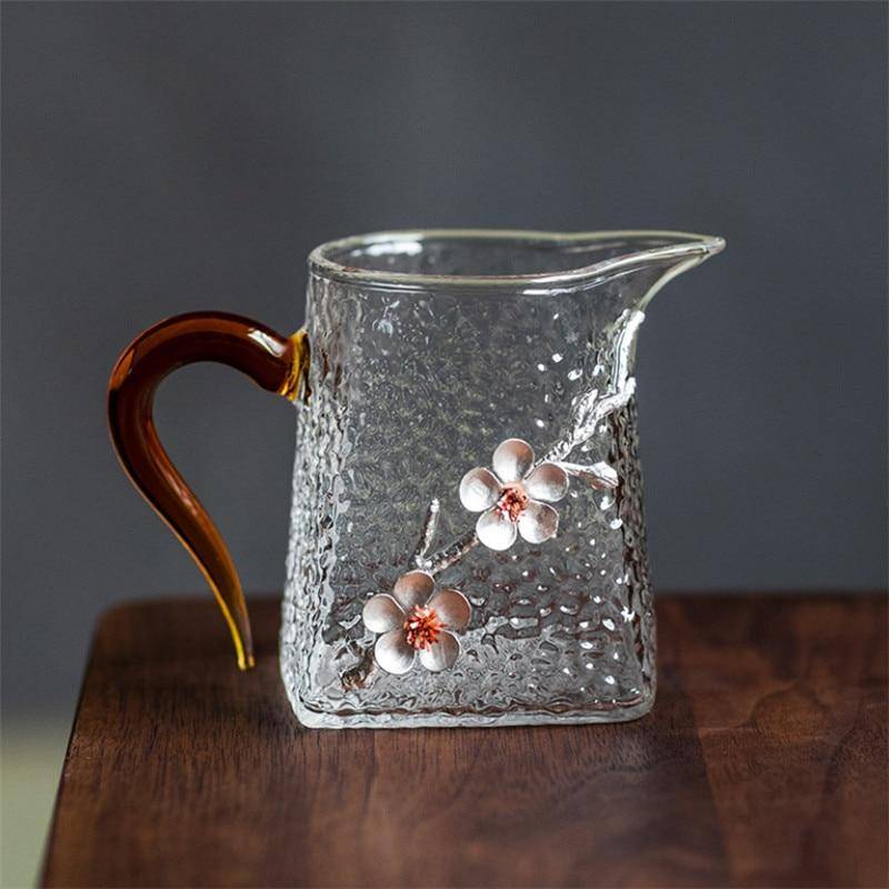 Hitzebeständige Glas-Teekanne mit Griff und 3D-Pflaumenblüten-Teetasse, transparentes Trinkgeschirr mit Hammermuster von Joom DACH