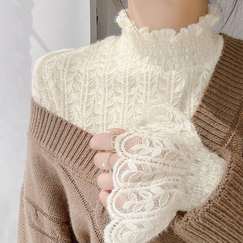 Hochgeschlossenes Gepolstertes Spitzen-Unterhemd Damen High-End Temperament Verdickt Innen Das Kleine Hemd Französische Mesh-Bluse L von Joom DACH