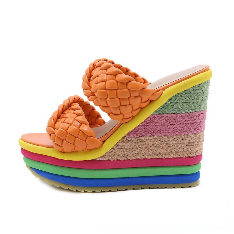 Hochhackige Hausschuhe Damen Neue Hangabsatz Regenbogen Hausschuhe Outdoor High Heel Damen Sandalen Super High 13cm Pantuflas De Mujer 33 orange von Joom DACH