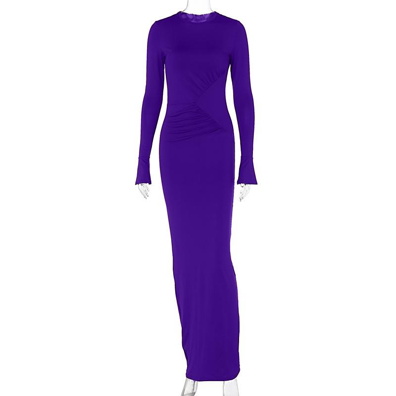 Hochstretch-Plissee-Bodycon-Kleid für Damen 2024 Roben Elegantes Abendparty-Kleid Winter Maxi Langes Kleid Vestido M violett von Joom DACH