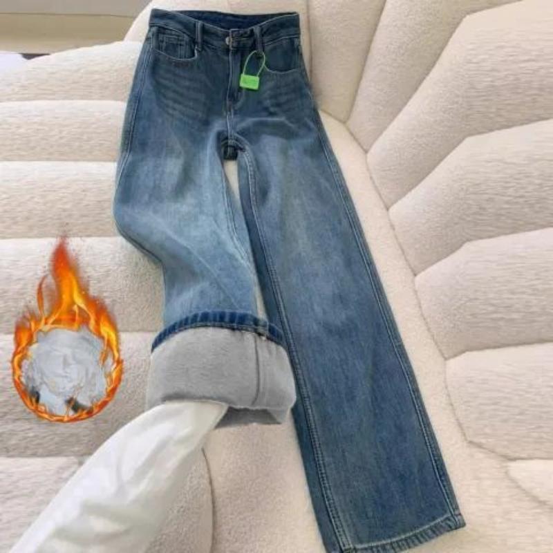 Hochtaillierte Jeans für Damen, Verdickter Plüschsamt Gerade Lockere Schmale Version Retro Weitbein Vielseitige Hose XL von Joom DACH