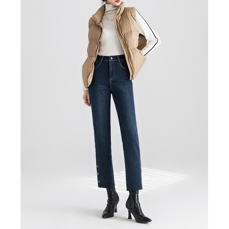 Hochtaillierte Samt Warme Gerade Jeans für Damen im Winter Neue Elastische Schlanke Kleine Cropped-Hose 32 von Joom DACH