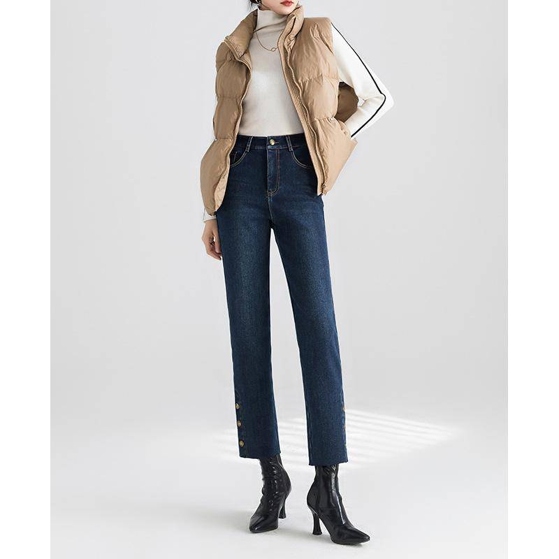 Hochtaillierte Samt Warme Gerade Jeans für Damen im Winter Neue Elastische Schlanke Kleine Cropped-Hose 32 von Joom DACH