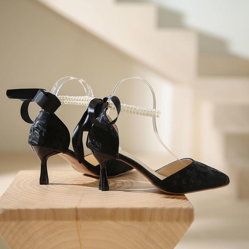 Hochwertige Damen High Heels Fein mit Nische Nische Hundert mit Spitze Perle Schnürung 8cm Hohe Absatzsandalen Shopping Dating Abschlussball mit Schuhen 39 schwarz von Joom DACH