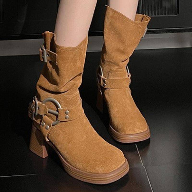 Hochwertige Damen Schuhe Winter Slipper Damen Stiefel Einfarbig Runde Zehenpartie Flock Schnallen Dekoration Hohe Absätze Schuhe Damen 42 von Joom DACH