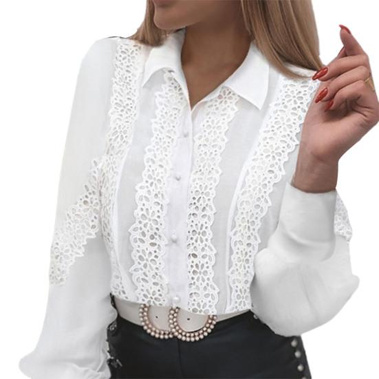 Hochwertige Große Größe Frauen Hemd Einfarbig Spitze Patchwork Frühling Sommer Stehkragen Büro Dame Bluse XL kühle weiße von Joom DACH