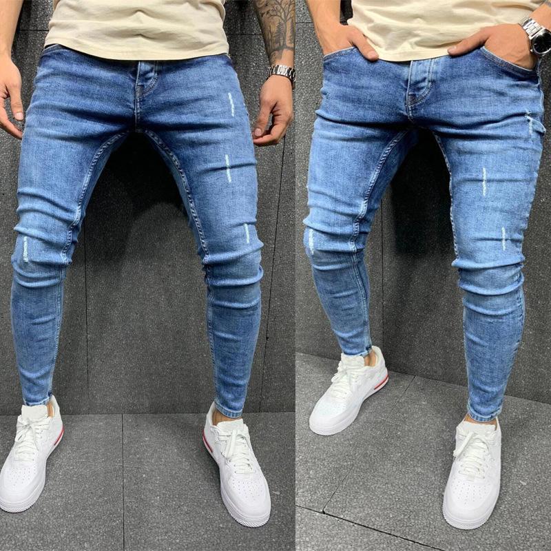 Hochwertige Herren-Jeans mit ausgefranstem Waden-Stretch, Röhrenjeans, modische Freizeithose für Herren S blau von Joom DACH