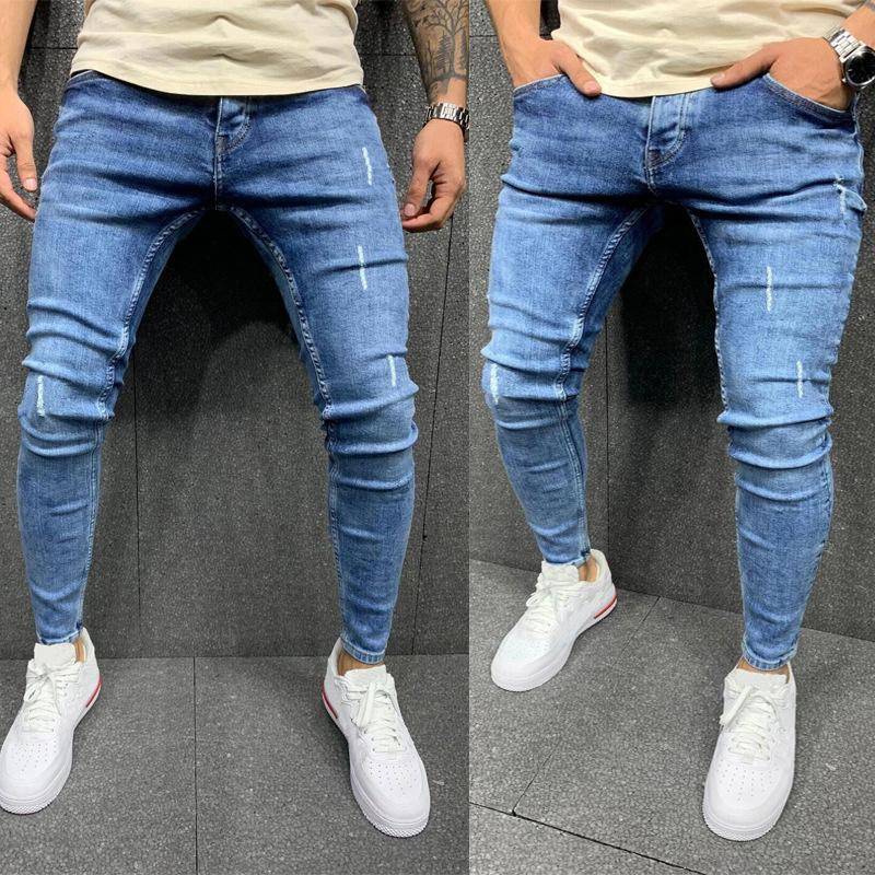 Hochwertige Herren-Jeans mit ausgefranstem Waden-Stretch, Röhrenjeans, modische Freizeithose für Herren S blau von Joom DACH