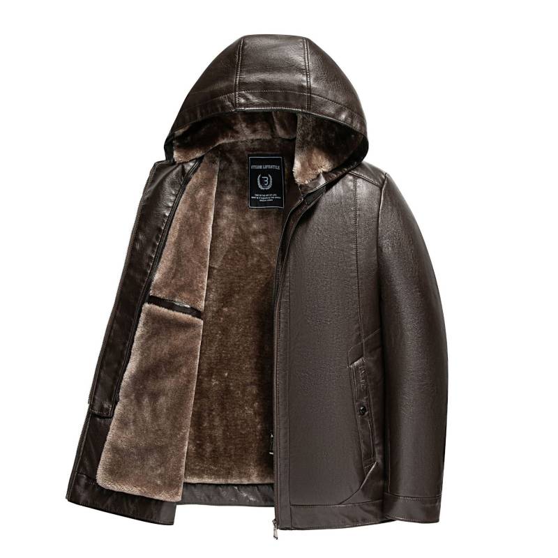 Hochwertige neue Lederjacke für Herren im Herbst und Winter sowie samtig warme kurze Schaffelljacke mit abnehmbarer Lederjacke mit Kapuze 195 von Joom DACH