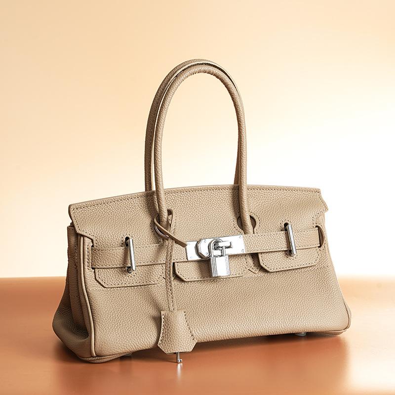 Hochwertige neue lange Leder-Handtasche mit silberner Schnalle aus Platin für Frauen + modische High-End-Handtasche aus Rindsleder 31x16x17cm grau von Joom DACH