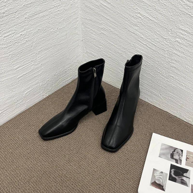 Hochwertige weiche PU-Leder Damen Stiefeletten Eckige Zehenpartie Eckiger Absatz Kurze Stiefel Herbst Winter Damen Schuhe Chelsea Boots 37 schwarz von Joom DACH
