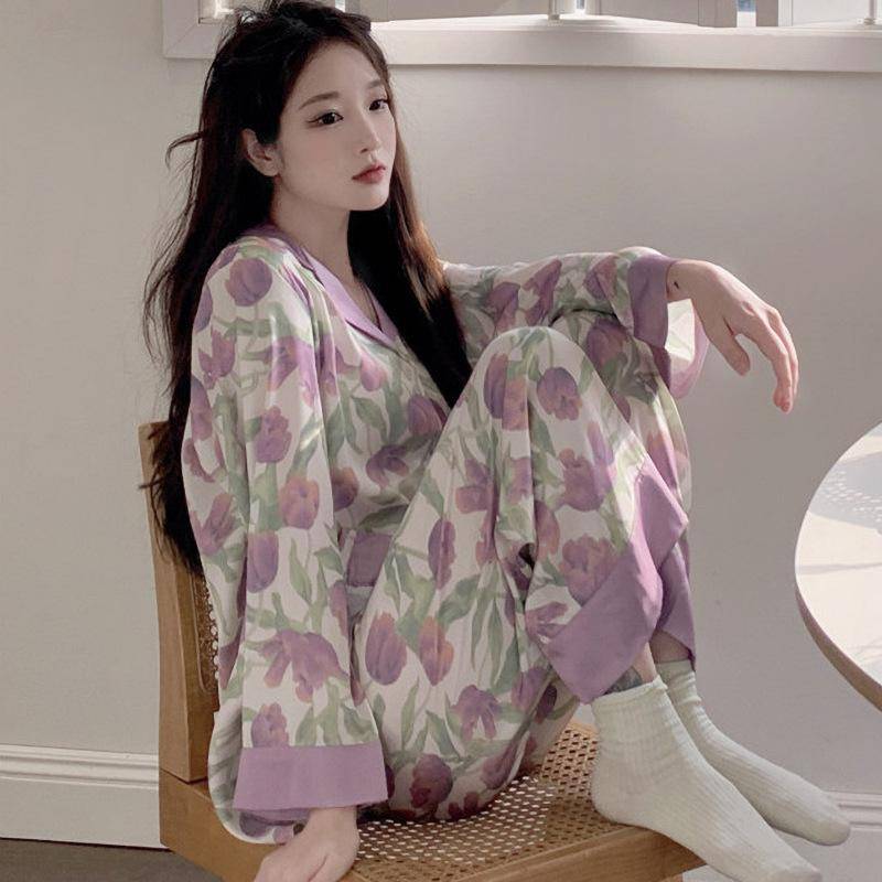 Hochwertiges grünes Pyjama-Set mit Blumenmuster und Revers für Damen 2XL (130-145 jin) von Joom DACH