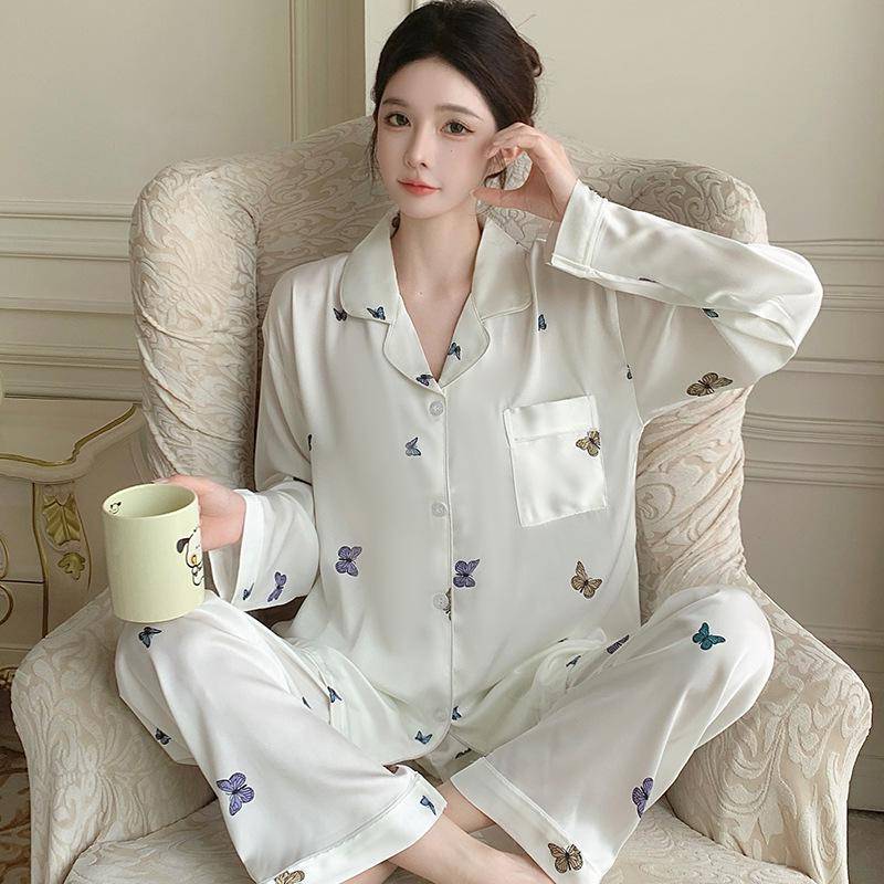 Hochwertiges grünes Pyjama-Set mit Blumenmuster und Revers für Damen M (80-100 jin) von Joom DACH