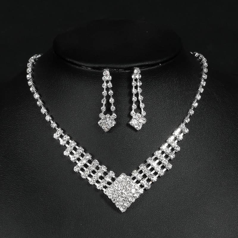 Hochzeits-Abendkleid-Accessoires, exquisites Diamant-Halsketten-Ohrring-Set, quadratischer geometrischer Braut-Hochzeitsschmuck für Frauen silber von Joom DACH