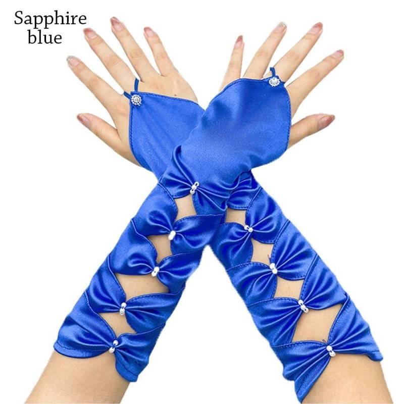 Hochzeitshandschuhe Lang Elastisch Satin Plissiert Schleife Ellbogen Türkis Fingerlose Handschuhe Abendparty Abschlussballhandschuhe saphirblau von Joom DACH