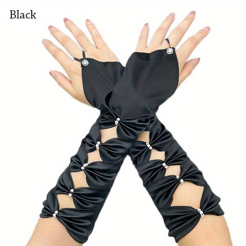 Hochzeitshandschuhe Lang Elastisch Satin Plissiert Schleife Ellbogen Türkis Fingerlose Handschuhe Abendparty Abschlussballhandschuhe schwarz von Joom DACH