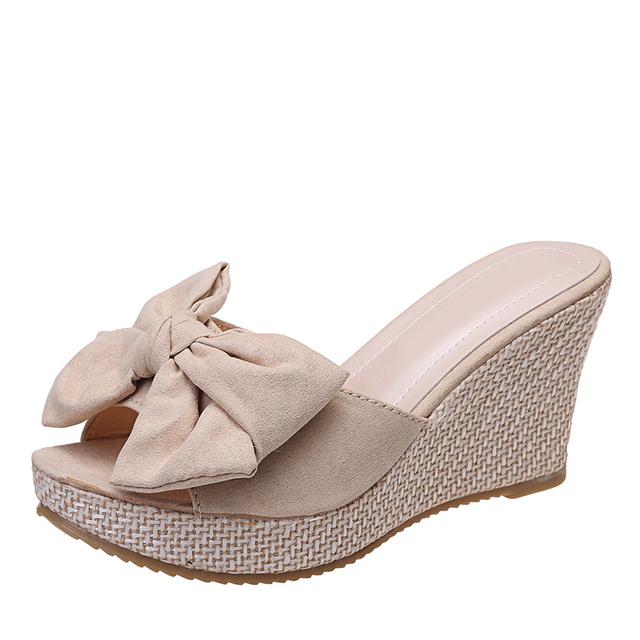 Hohe Keil Hausschuhe Frauen Faux Wildleder Große Schmetterling Knoten Sandalen Frau Sommer Offene spitze Rutschen Leinen Plattform Hausschuhe High Heels 38 beige von Joom DACH