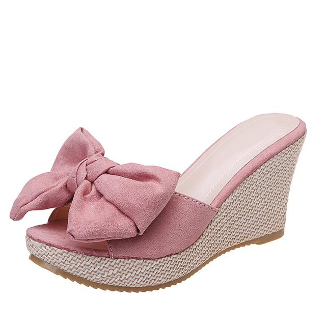 Hohe Keil Hausschuhe Frauen Faux Wildleder Große Schmetterling Knoten Sandalen Frau Sommer Offene spitze Rutschen Leinen Plattform Hausschuhe High Heels 39 rosa von Joom DACH