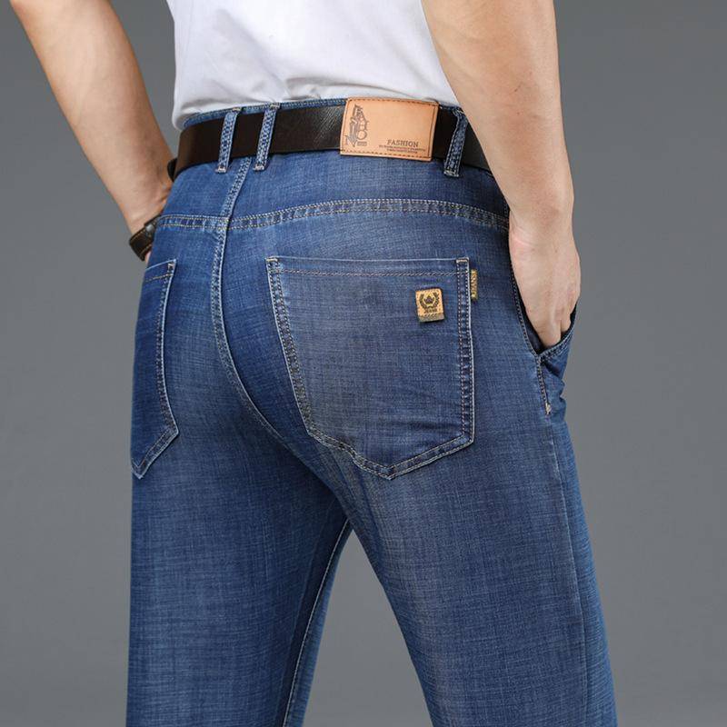 Hohe Qualität Herren Tencel dünne Jeans klassische Mode Business Casual lose gerade Bein Denim-Hose männliche Stretch-Marke Hosen 34 dunkelblaue von Joom DACH