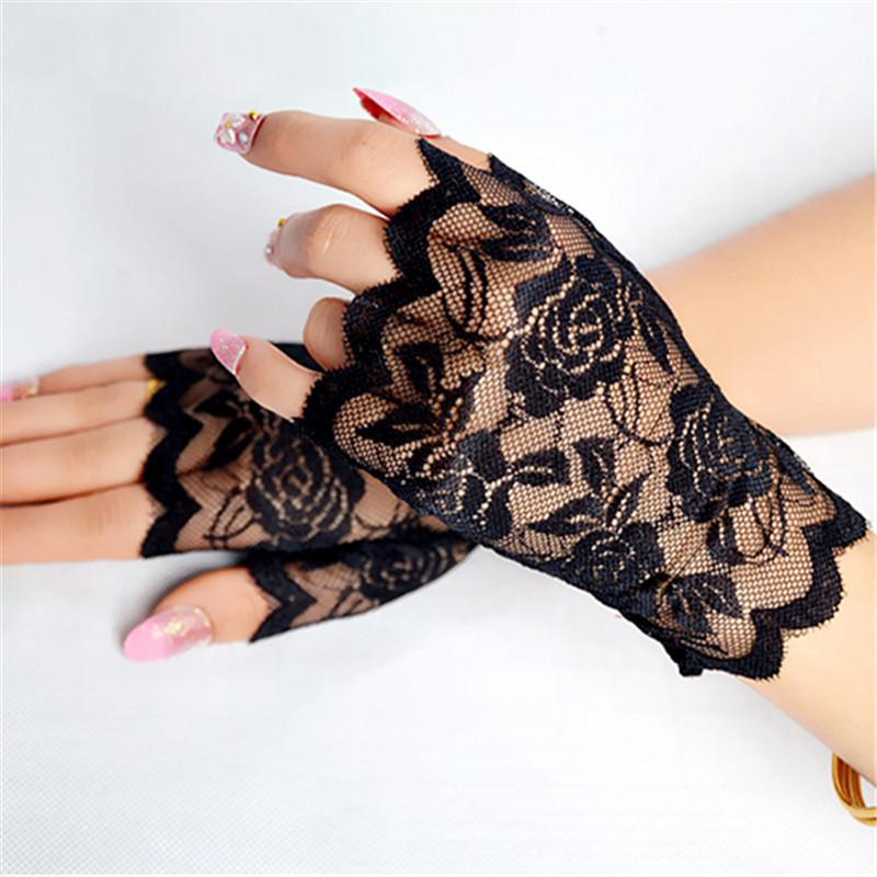 Hohle Spitze Blume Fischnetz Fingerlose Handschuhe Elegante Sonnenschutz Frauen Mesh Tanz Hochzeit Fäustling Hand Dekoration One Size schwarz von Joom DACH
