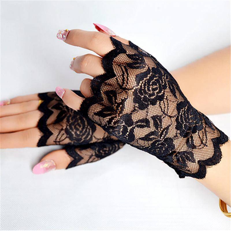 Hohle Spitze Blume Fischnetz Fingerlose Handschuhe Elegante Sonnenschutz Frauen Mesh Tanz Hochzeit Fäustling Hand Dekoration One Size schwarz von Joom DACH