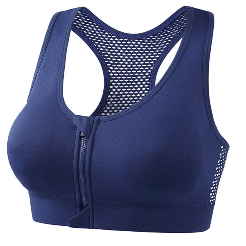 Hohles Mesh Vorderreißverschluss Sportunterwäsche Damen Stoßfest Tank Top Laufen Yoga Fitness BH Beauty Rücken Raffend Große Größe XL dunkelblau von Joom DACH
