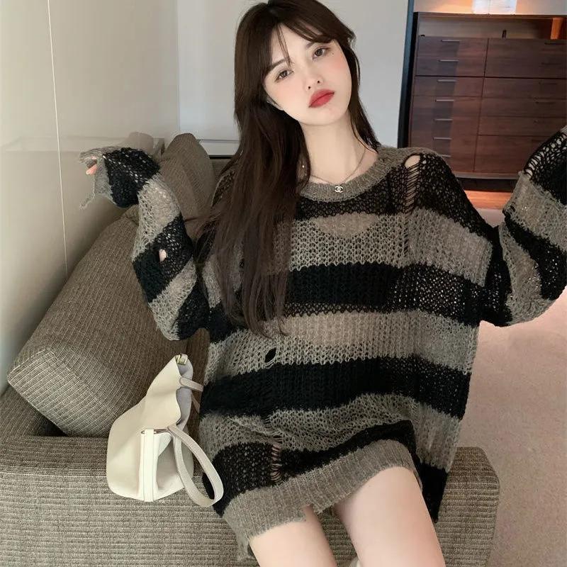 Hollow Pullover Damen Strickpullover Loch Locker Gestreift Mittellang Strickpullover Mode Sommer und Herbst S schwarz von Joom DACH