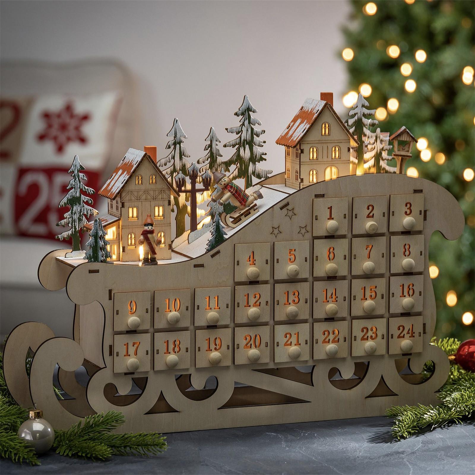 Holz 24 Countdown Weihnachtskalender Creatived Home Schlitten Kalender Holz LED Weihnachtsdekoration Ornamente One Size von Joom DACH