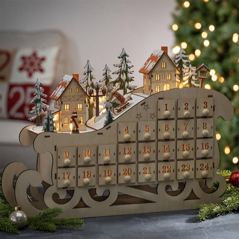 Holz 24 Countdown Weihnachtskalender Creatived Home Schlitten Kalender Holz LED Weihnachtsdekoration Ornamente One Size von Joom DACH