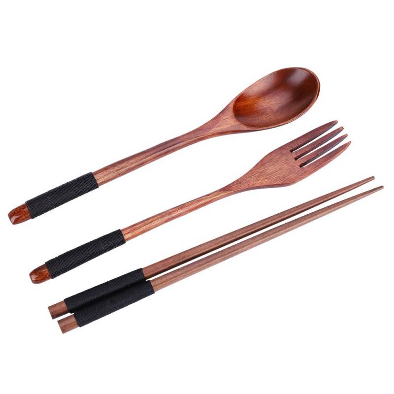 Holz Essstäbchen Löffel Gabel Geschirr Essgeschirr 3-teiliges Set (mit schwarzem Faden) von Joom DACH