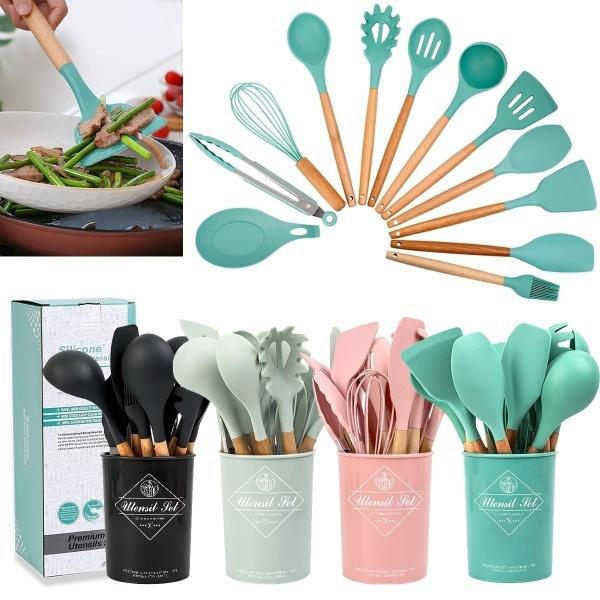 Holzgriff Silikon Küchengeschirr Gesundes Kochgeschirr Spatel Suppe Löffel Pinsel Schöpfkelle Nudelsieb Antihaft-Kochgeschirr Küchenwerkzeuge 11 PCS grün von Joom DACH