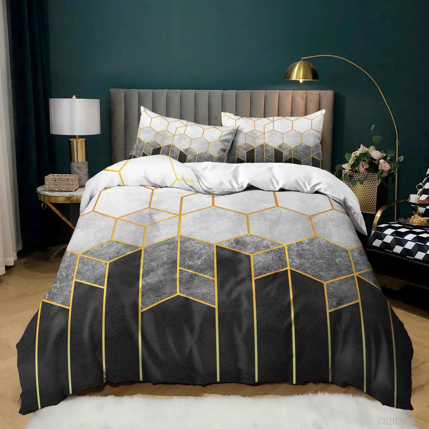 Wabenförmiges Bettbezug-Set Queen-Size Geometrisches Bettwäsche-Set Mikrofaser Goldener Sechseck Bettdeckenbezug Schwarz Farbverlauf Steppdeckenbezug US King(264x228cm) von Joom DACH