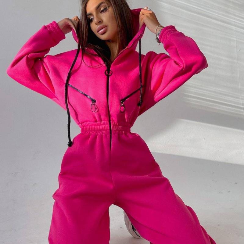 Hoodie Trainingsanzug Frauen Fleece Overalls Lose Playsuits Strampler Weibliche Herbst Winter Casual Warm Sport Overall M rose rot von Joom DACH
