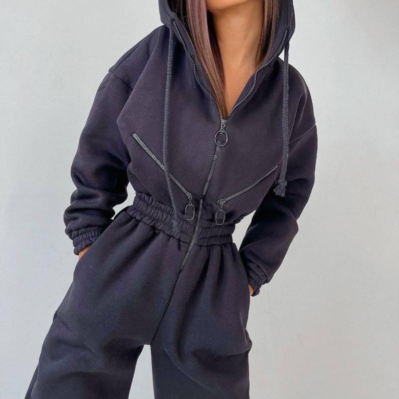 Hoodie Trainingsanzug Frauen Fleece Overalls Lose Playsuits Strampler Weibliche Herbst Winter Casual Warm Sport Overall M schwarz von Joom DACH