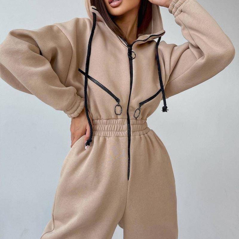 Hoodie Trainingsanzug Frauen Fleece Overalls Lose Playsuits Strampler Weibliche Herbst Winter Casual Warm Sport Overall S khaki von Joom DACH