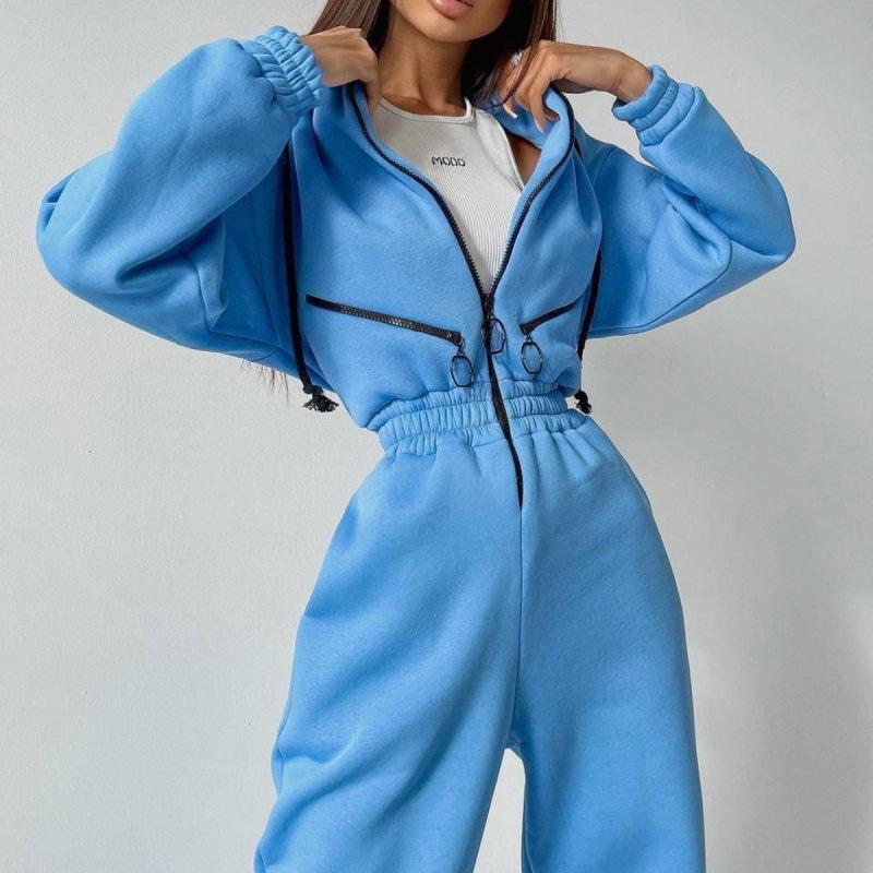 Hoodie Trainingsanzug Frauen Fleece Overalls Lose Playsuits Strampler Weibliche Herbst Winter Casual Warm Sport Overall XL blau von Joom DACH