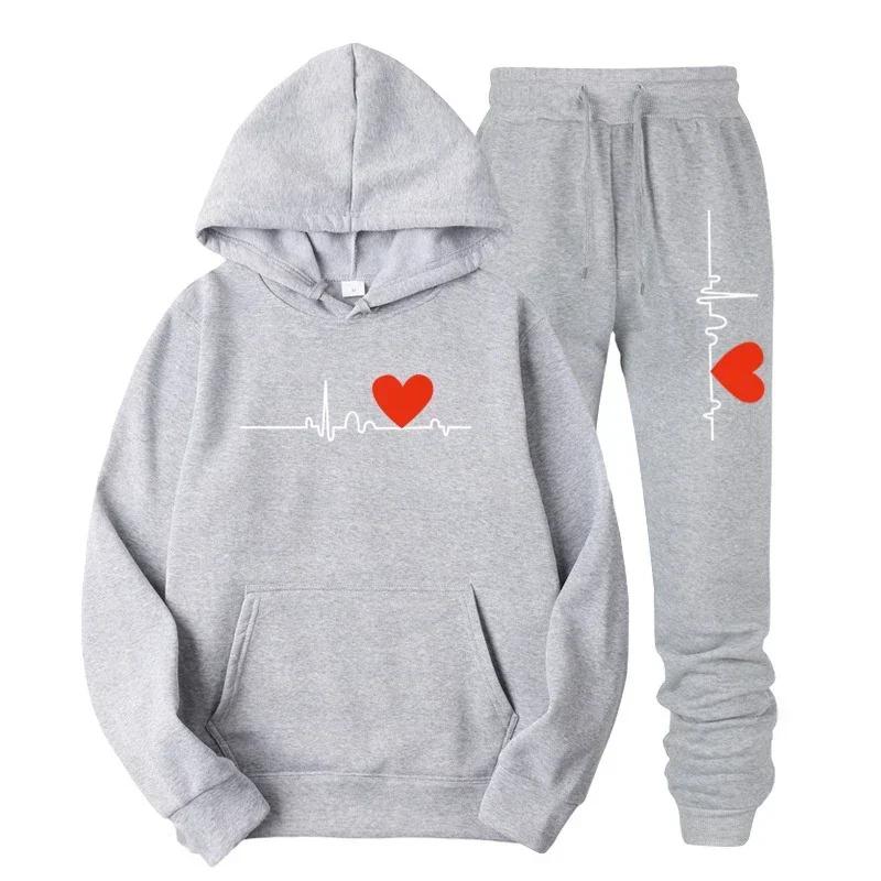 Hoodies Sportswear-Sets mit Herz-Druck für Damen, 2-teilig, Sweatshirt und Jogginghose, Design, Trainingsanzug mit Kapuze S von Joom DACH
