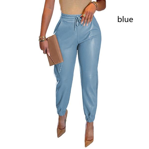 Hosen Damen Neue einfarbige PU-Lederhose Schnür-Freizeithose S-XXXL 3XL blau von Joom DACH