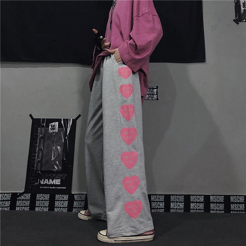 Hosen frauen Harajuku Stil Retro Herzförmigen Brief Druck Lose Hosen Breite Bein Hosen frauen Frühling/Sommer S licht grau von Joom DACH