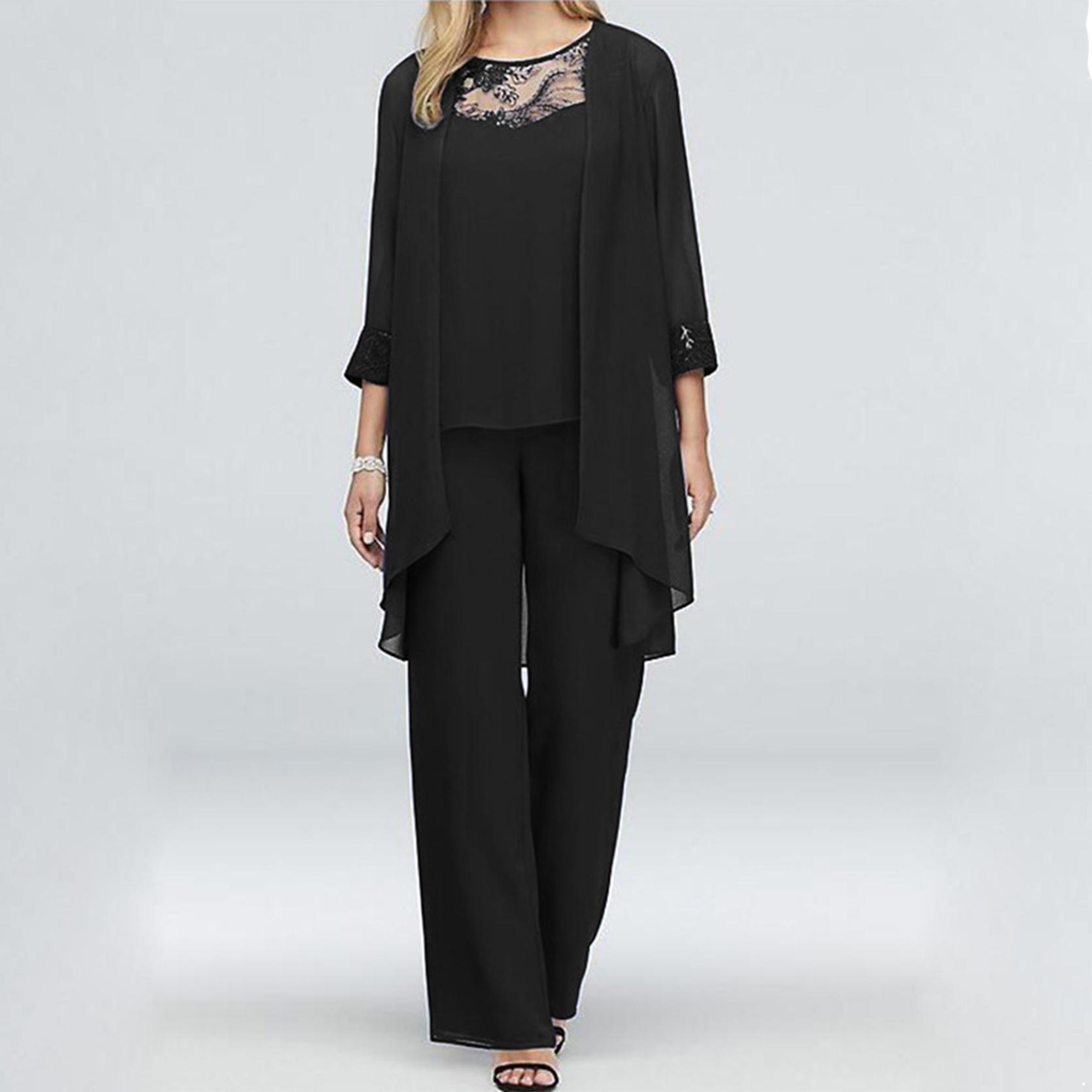 Hosenanzüge für die Mutter der Braut, 3-teilig, für Damen, Hochzeit, formelles Outfit-Set, Chiffon-Abendkleid, Übergröße L schwarz von Joom DACH