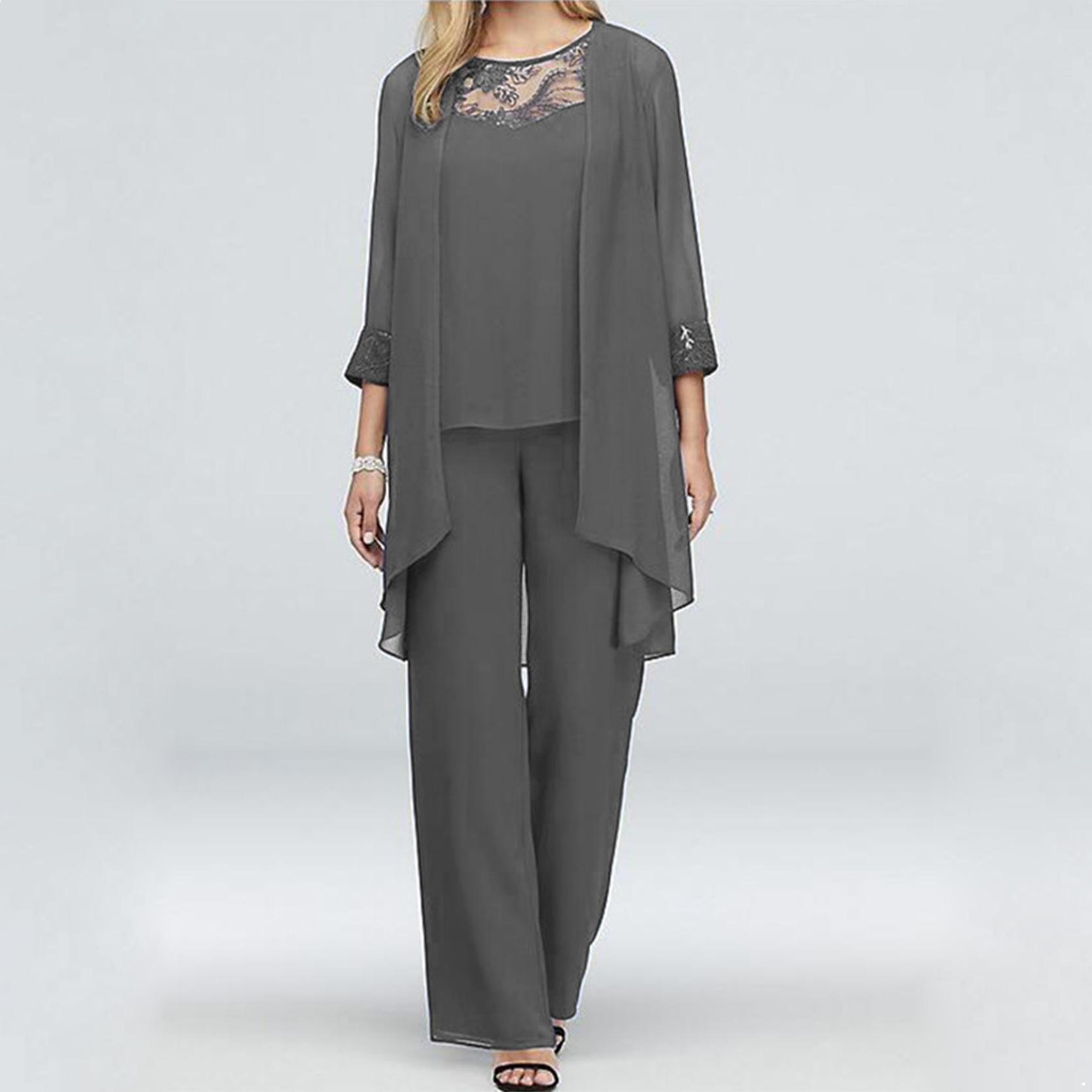 Hosenanzüge für die Mutter der Braut, 3-teilig, für Damen, Hochzeit, formelles Outfit-Set, Chiffon-Abendkleid, Übergröße M graue von Joom DACH
